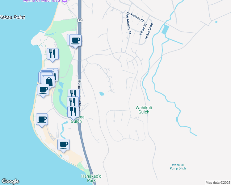 map of restaurants, bars, coffee shops, grocery stores, and more near 134 Kualapa Place in Lahaina