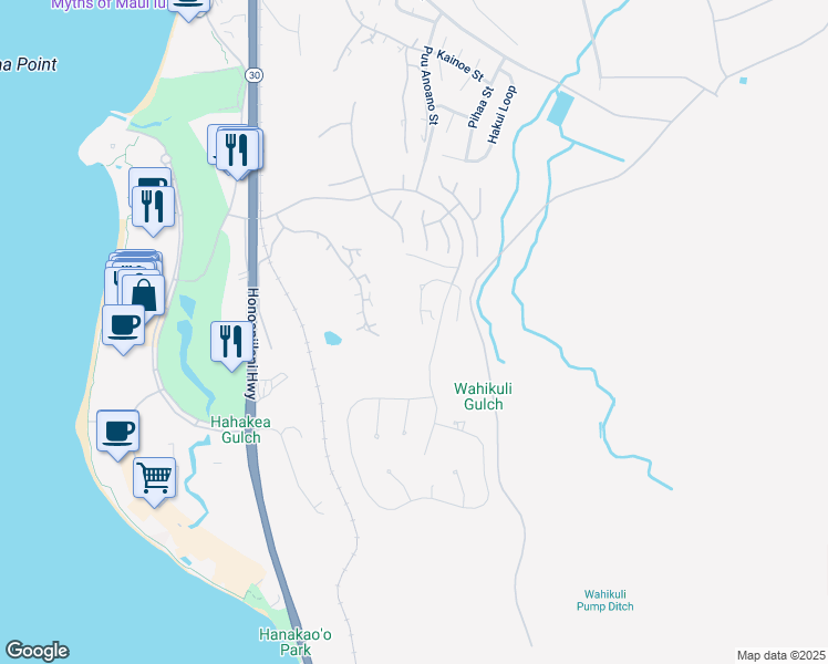 map of restaurants, bars, coffee shops, grocery stores, and more near 90 West Mahi Pua Place in Lahaina