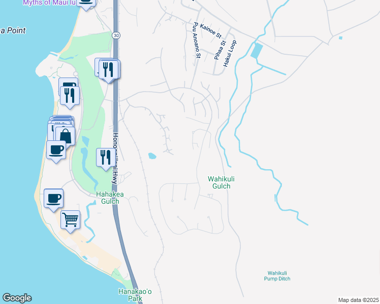 map of restaurants, bars, coffee shops, grocery stores, and more near 90 West Mahi Pua Place in Lahaina