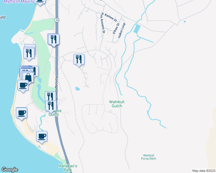 map of restaurants, bars, coffee shops, grocery stores, and more near 60 East Mahi Pua Place in Lahaina
