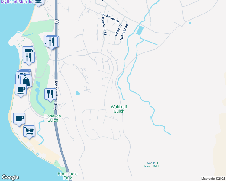 map of restaurants, bars, coffee shops, grocery stores, and more near 57 East Mahi Pua Place in Lahaina