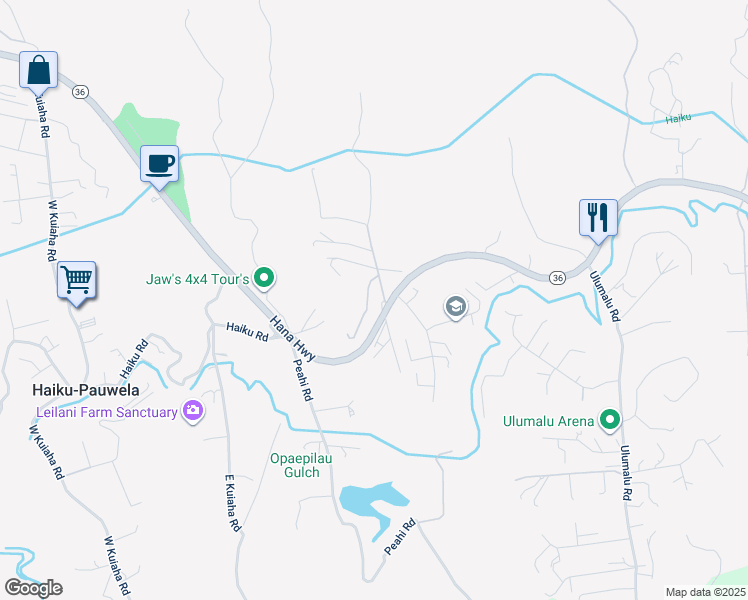 map of restaurants, bars, coffee shops, grocery stores, and more near 70 Oili Road in Haiku-Pauwela