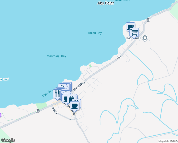map of restaurants, bars, coffee shops, grocery stores, and more near 115 Kuau Beach Place in Paia