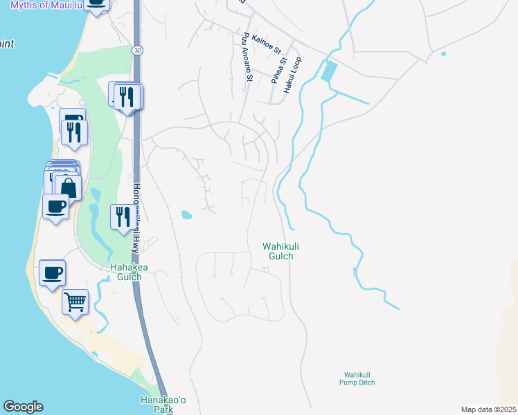 map of restaurants, bars, coffee shops, grocery stores, and more near 56 East Mahi Pua Place in Lahaina