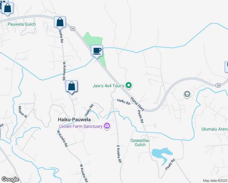 map of restaurants, bars, coffee shops, grocery stores, and more near 100 East Kuiaha Road in Haiku-Pauwela