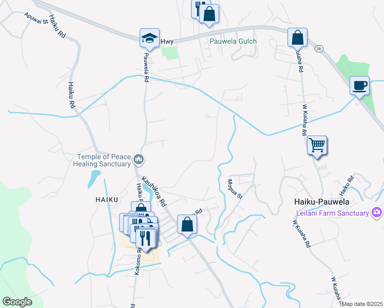map of restaurants, bars, coffee shops, grocery stores, and more near 661 Kauhikoa Road in Haiku-Pauwela