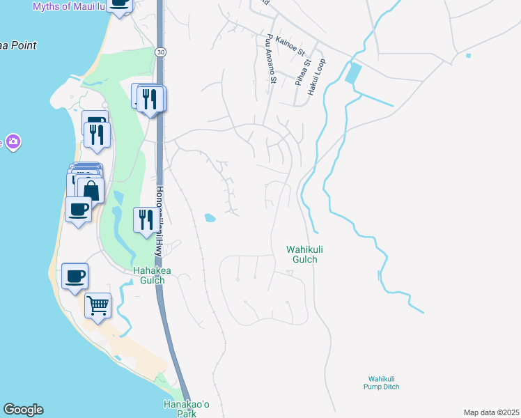 map of restaurants, bars, coffee shops, grocery stores, and more near 84 West Mahi Pua Place in Lahaina