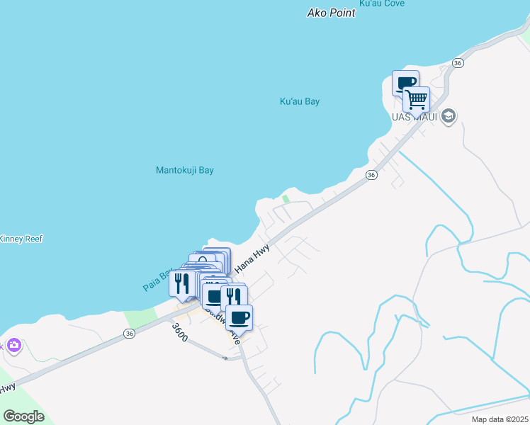 map of restaurants, bars, coffee shops, grocery stores, and more near 55 Kai Place in Paia