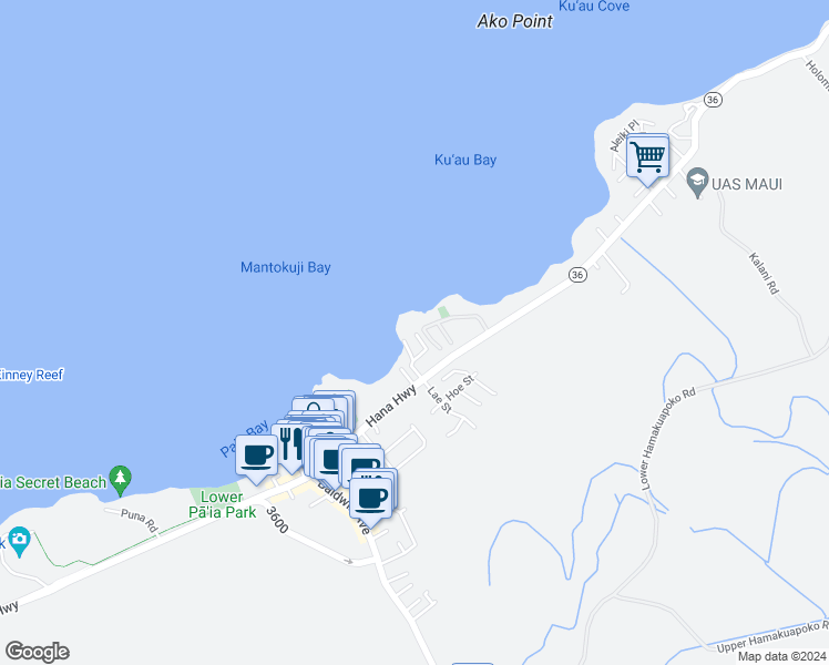 map of restaurants, bars, coffee shops, grocery stores, and more near 55 Kai Place in Paia