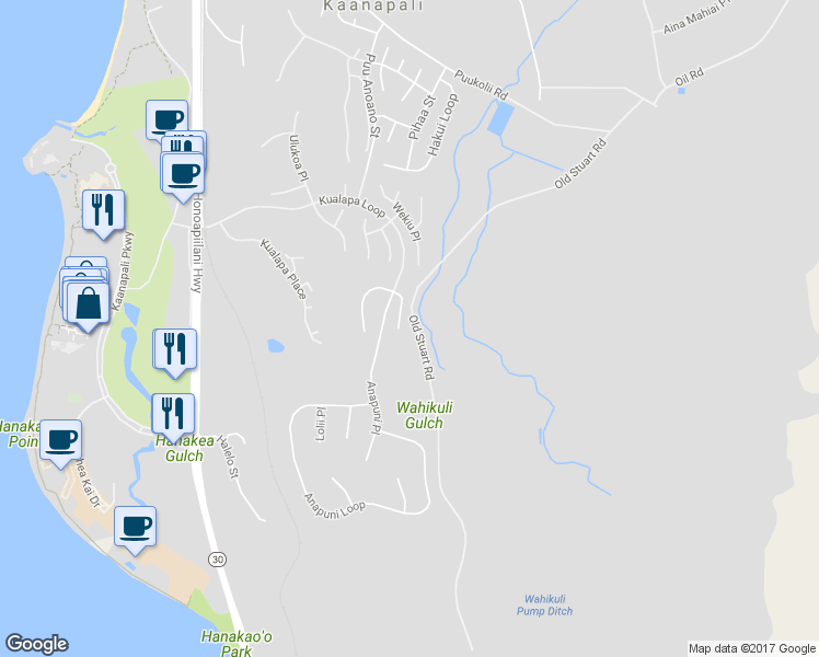 map of restaurants, bars, coffee shops, grocery stores, and more near 39 East Mahi Pua Place in Lahaina