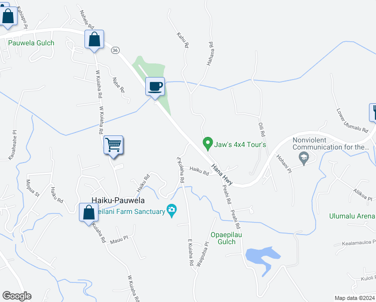 map of restaurants, bars, coffee shops, grocery stores, and more near 55 East Kuiaha Road in Haiku-Pauwela