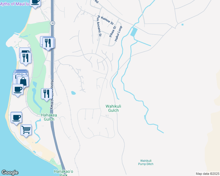 map of restaurants, bars, coffee shops, grocery stores, and more near 39 East Mahi Pua Place in Lahaina