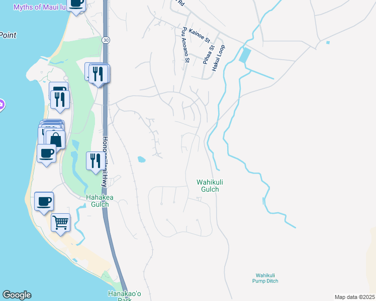 map of restaurants, bars, coffee shops, grocery stores, and more near 77 West Mahi Pua Place in Lahaina