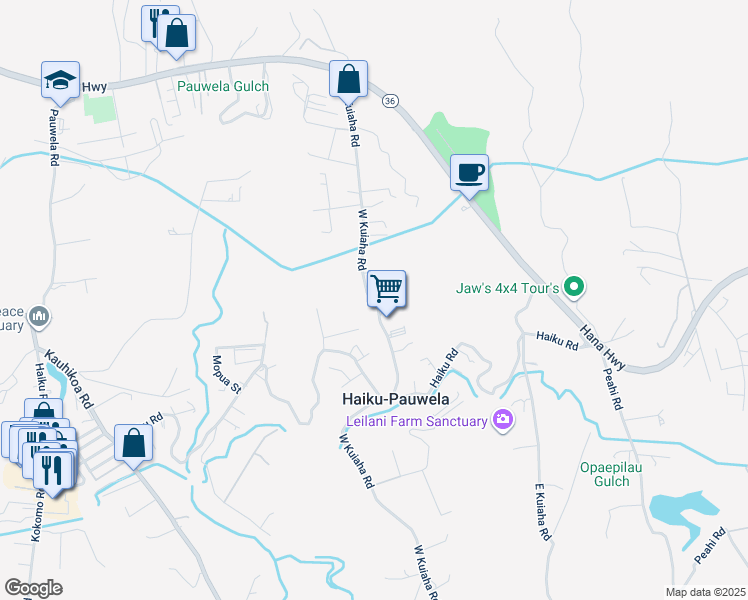 map of restaurants, bars, coffee shops, grocery stores, and more near 331 West Kuiaha Road in Haiku-Pauwela