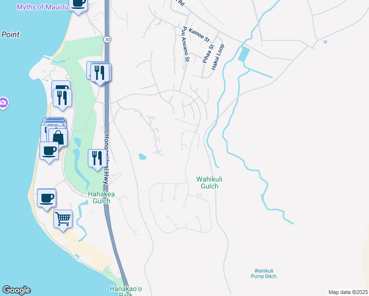 map of restaurants, bars, coffee shops, grocery stores, and more near 81 West Mahi Pua Place in Lahaina