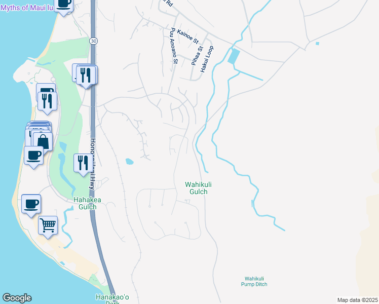 map of restaurants, bars, coffee shops, grocery stores, and more near 45 East Mahi Pua Place in Lahaina