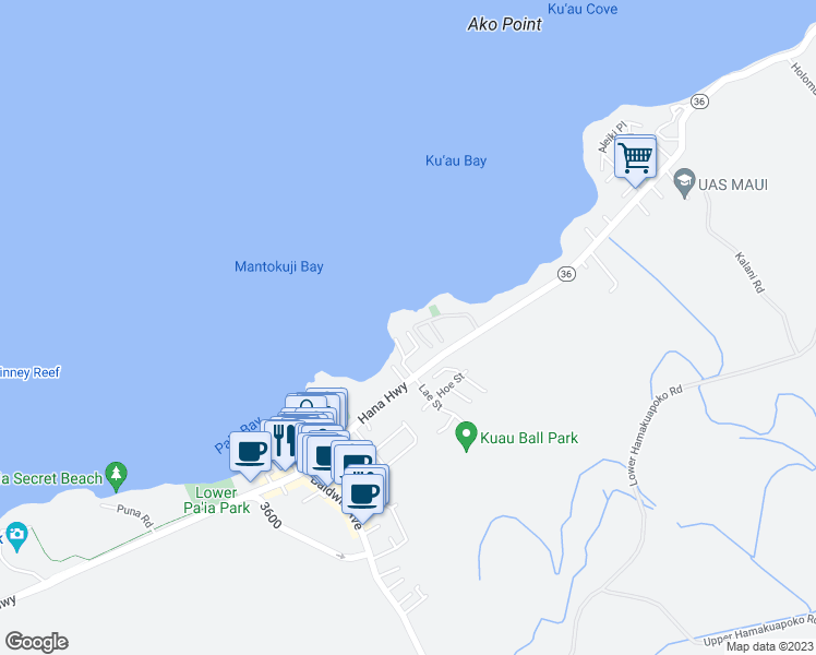 map of restaurants, bars, coffee shops, grocery stores, and more near 355 Kuau Beach Place in Paia