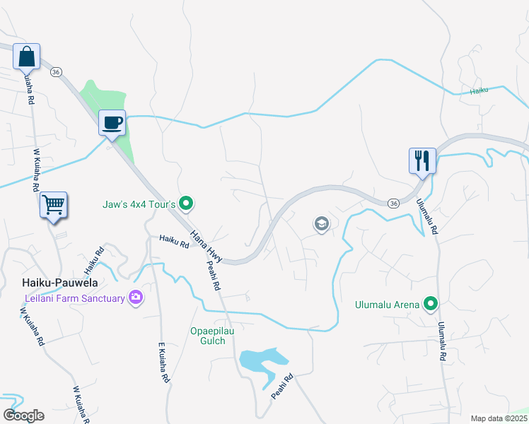 map of restaurants, bars, coffee shops, grocery stores, and more near 70 Oili Road in Haiku-Pauwela