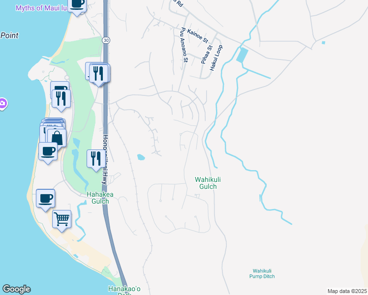 map of restaurants, bars, coffee shops, grocery stores, and more near 77 West Mahi Pua Place in Lahaina