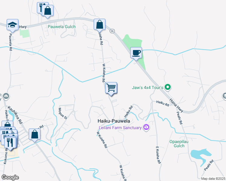 map of restaurants, bars, coffee shops, grocery stores, and more near 3249 Luahine Place in Haiku-Pauwela