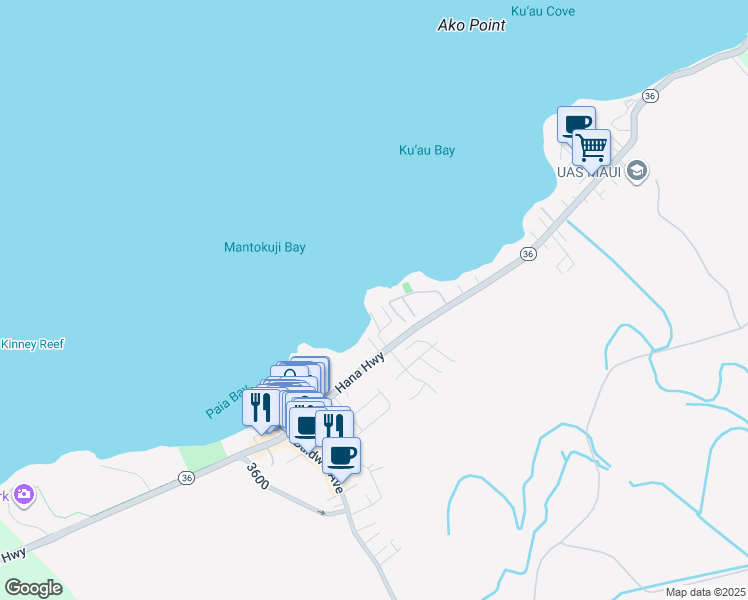 map of restaurants, bars, coffee shops, grocery stores, and more near 72 Lae Place in Paia
