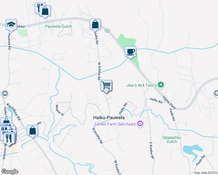 map of restaurants, bars, coffee shops, grocery stores, and more near 3249 Luahine Place in Haiku-Pauwela
