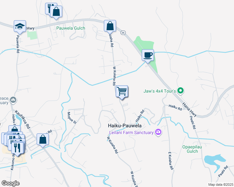 map of restaurants, bars, coffee shops, grocery stores, and more near 323 West Kuiaha Road in Haiku-Pauwela