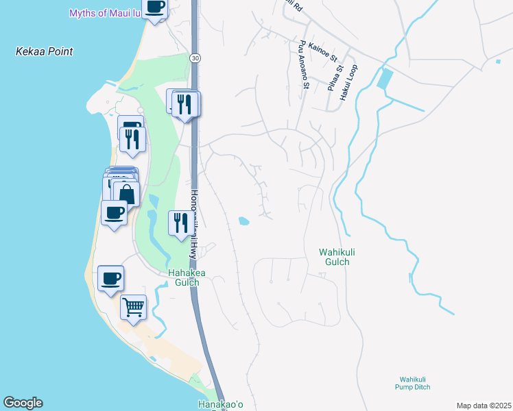 map of restaurants, bars, coffee shops, grocery stores, and more near 128 Kualapa Place in Lahaina