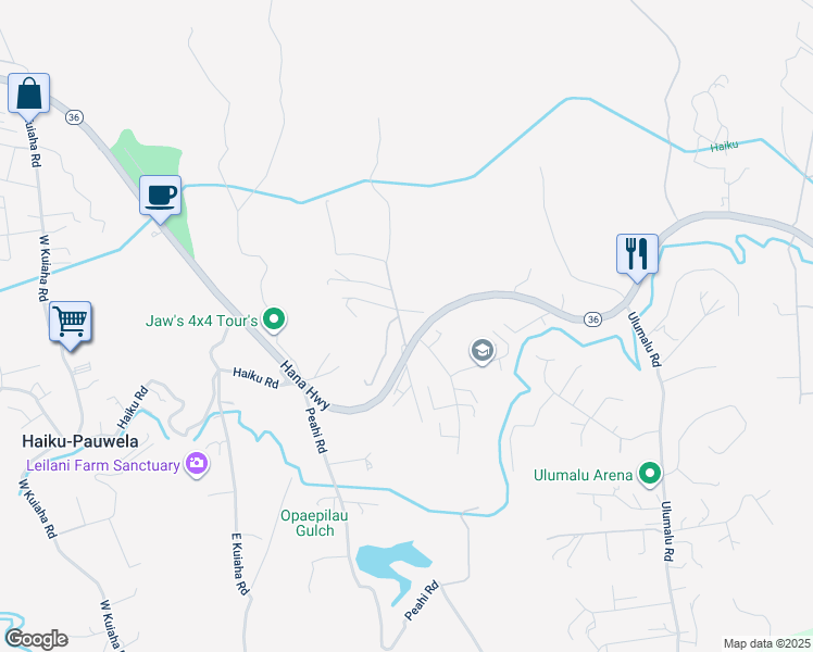 map of restaurants, bars, coffee shops, grocery stores, and more near 170 Oili Road in Haiku-Pauwela