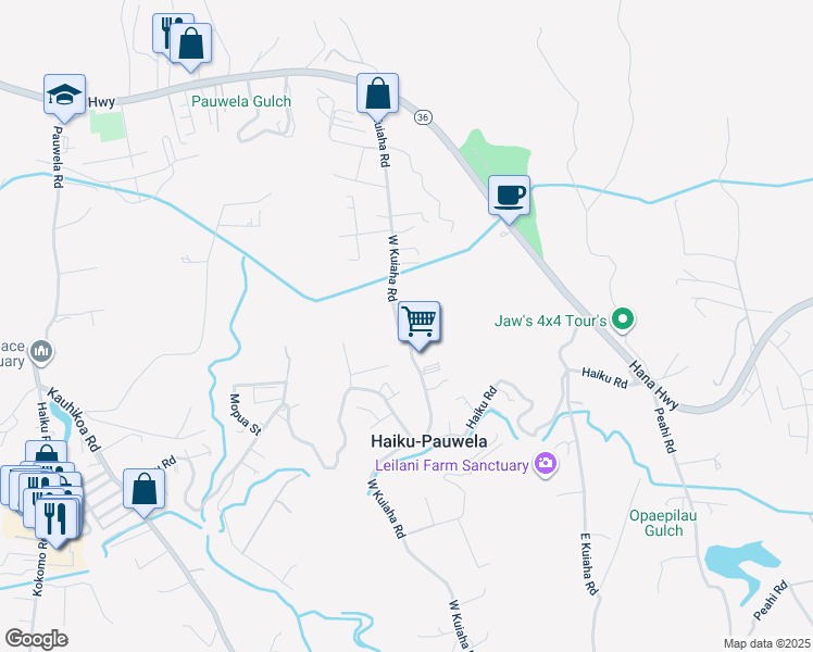 map of restaurants, bars, coffee shops, grocery stores, and more near 321 West Kuiaha Road in Haiku-Pauwela