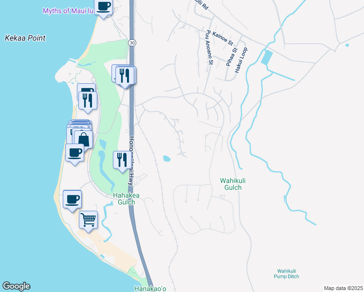 map of restaurants, bars, coffee shops, grocery stores, and more near 147 Kualapa Place in Lahaina
