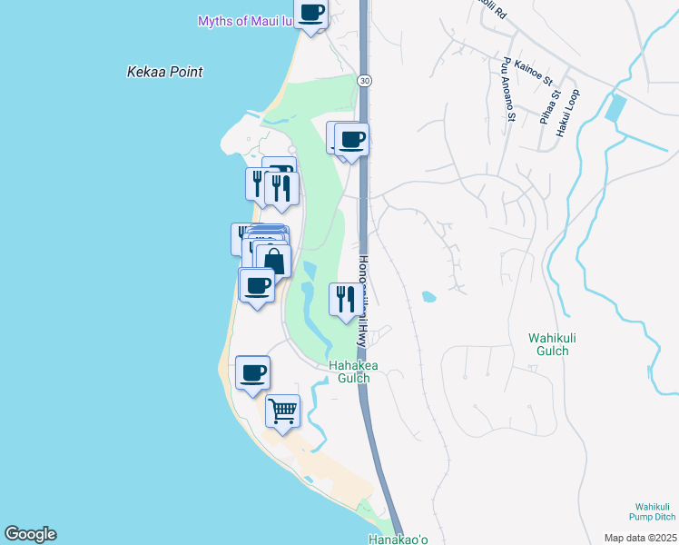 map of restaurants, bars, coffee shops, grocery stores, and more near 2560 Kekaa Drive in Lahaina