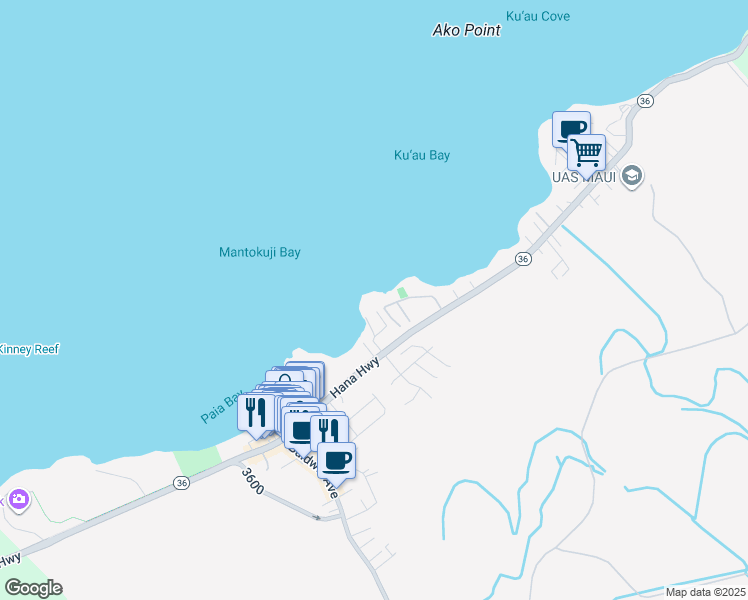 map of restaurants, bars, coffee shops, grocery stores, and more near 355 Hana Highway in Paia