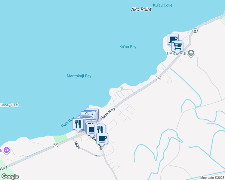 map of restaurants, bars, coffee shops, grocery stores, and more near 355 Hana Highway in Paia