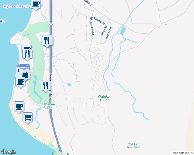 map of restaurants, bars, coffee shops, grocery stores, and more near 36 East Mahi Pua Place in Lahaina