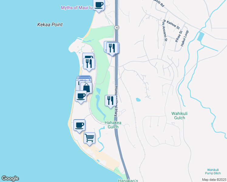 map of restaurants, bars, coffee shops, grocery stores, and more near 2560 Kekaa Drive in Lahaina