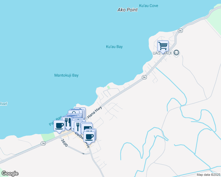 map of restaurants, bars, coffee shops, grocery stores, and more near Kuau Beach Place in Paia