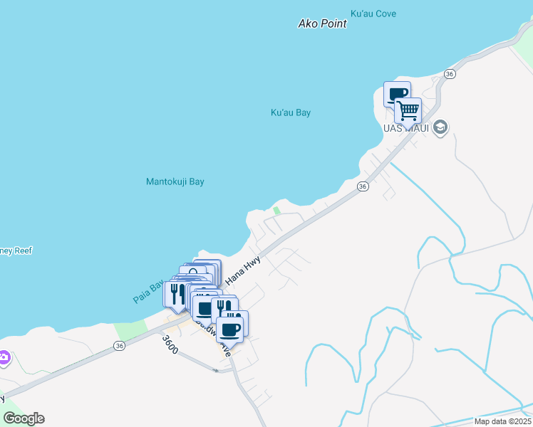 map of restaurants, bars, coffee shops, grocery stores, and more near 116 Kuau Beach Place in Paia