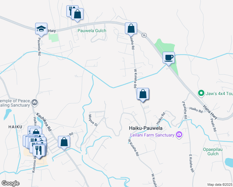 map of restaurants, bars, coffee shops, grocery stores, and more near 1817 Haiku Road in Haiku-Pauwela