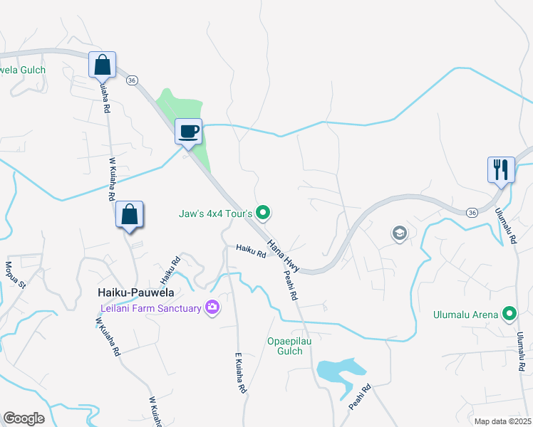 map of restaurants, bars, coffee shops, grocery stores, and more near 265 Hahana Road in Haiku-Pauwela