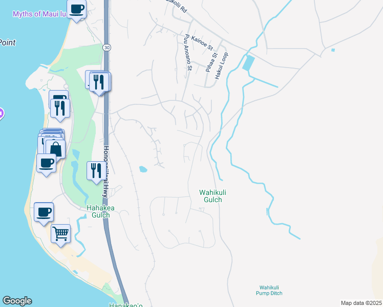 map of restaurants, bars, coffee shops, grocery stores, and more near 73 West Mahi Pua Place in Lahaina