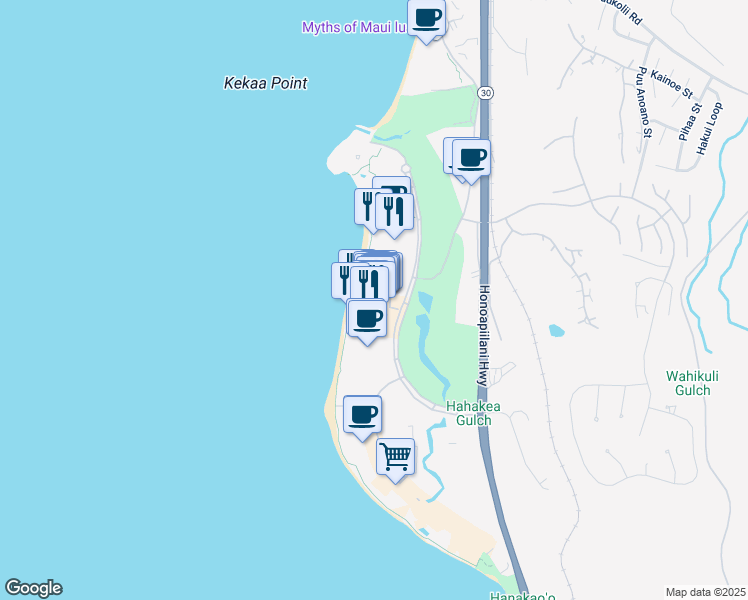 map of restaurants, bars, coffee shops, grocery stores, and more near 2481 Kaanapali Parkway in Lahaina