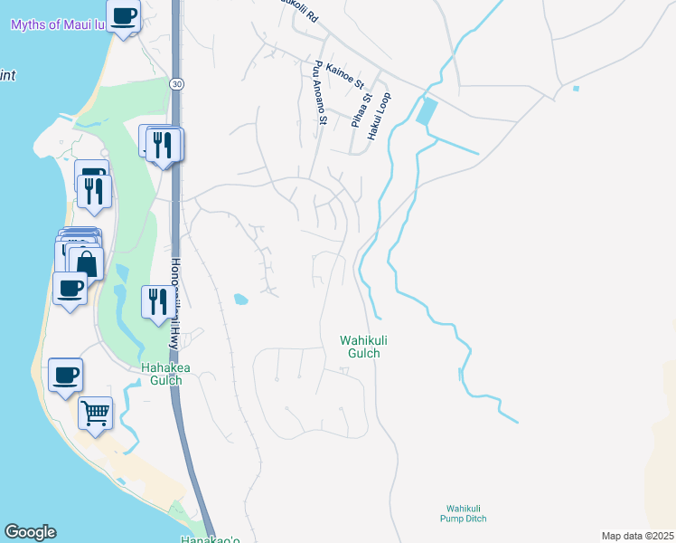 map of restaurants, bars, coffee shops, grocery stores, and more near 36 East Mahi Pua Place in Lahaina