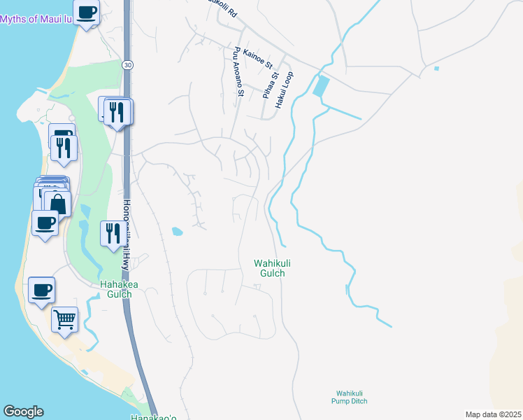 map of restaurants, bars, coffee shops, grocery stores, and more near 33 East Mahi Pua Place in Lahaina