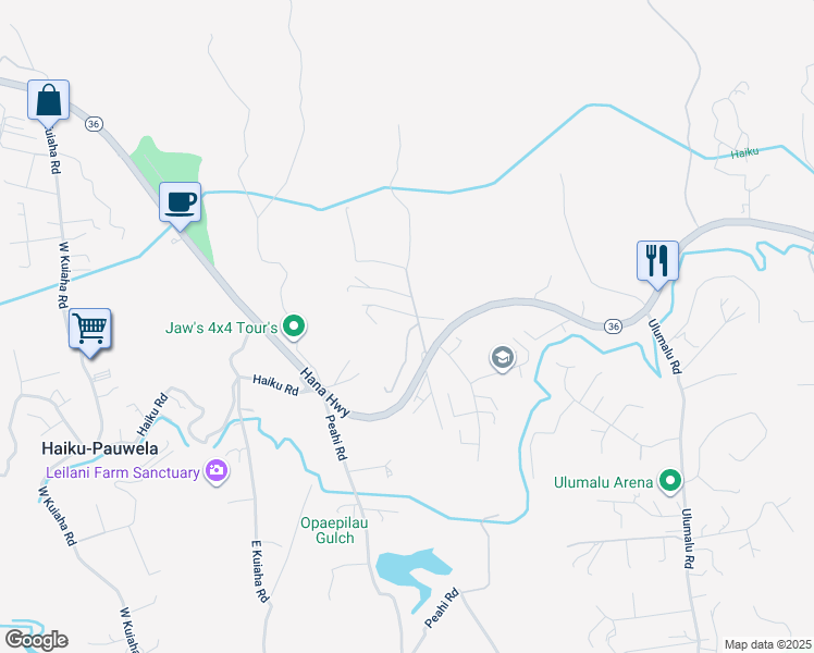 map of restaurants, bars, coffee shops, grocery stores, and more near 99 Oili Road in Haiku-Pauwela