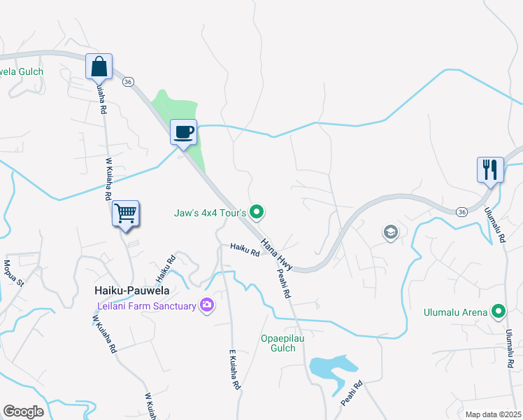 map of restaurants, bars, coffee shops, grocery stores, and more near 265 Hahana Road in Haiku-Pauwela