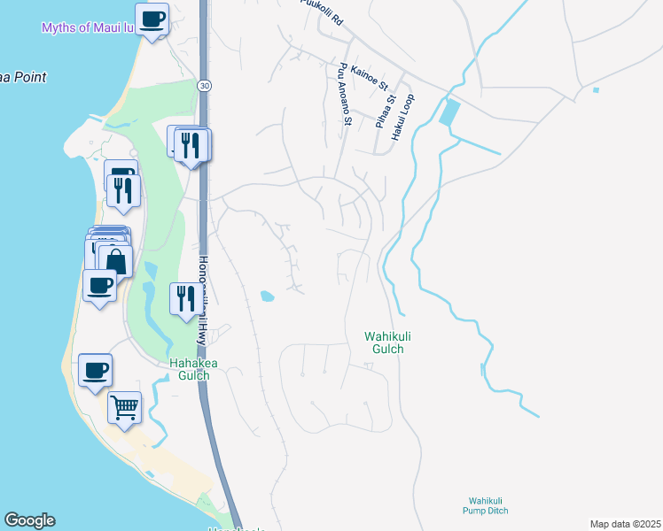 map of restaurants, bars, coffee shops, grocery stores, and more near 56 West Mahi Pua Place in Lahaina