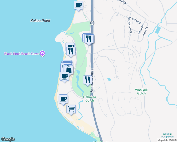 map of restaurants, bars, coffee shops, grocery stores, and more near 2560 Kekaa Drive in Lahaina