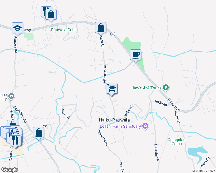 map of restaurants, bars, coffee shops, grocery stores, and more near 307 West Kuiaha Road in Haiku-Pauwela