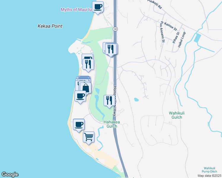map of restaurants, bars, coffee shops, grocery stores, and more near 2560 Kekaa Drive in Lahaina